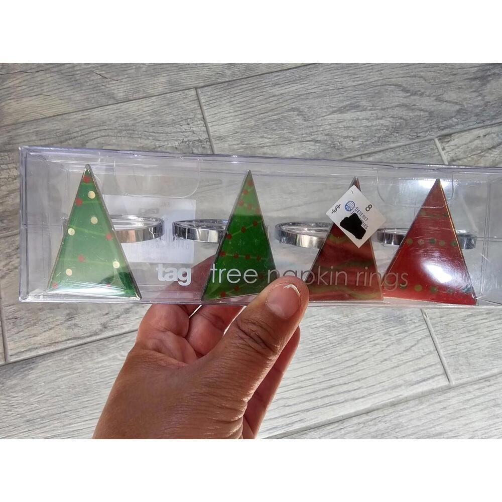 (Set of 4) Brand New Tag Tree Napkin Rings Metal Multicolor Christmas Trees